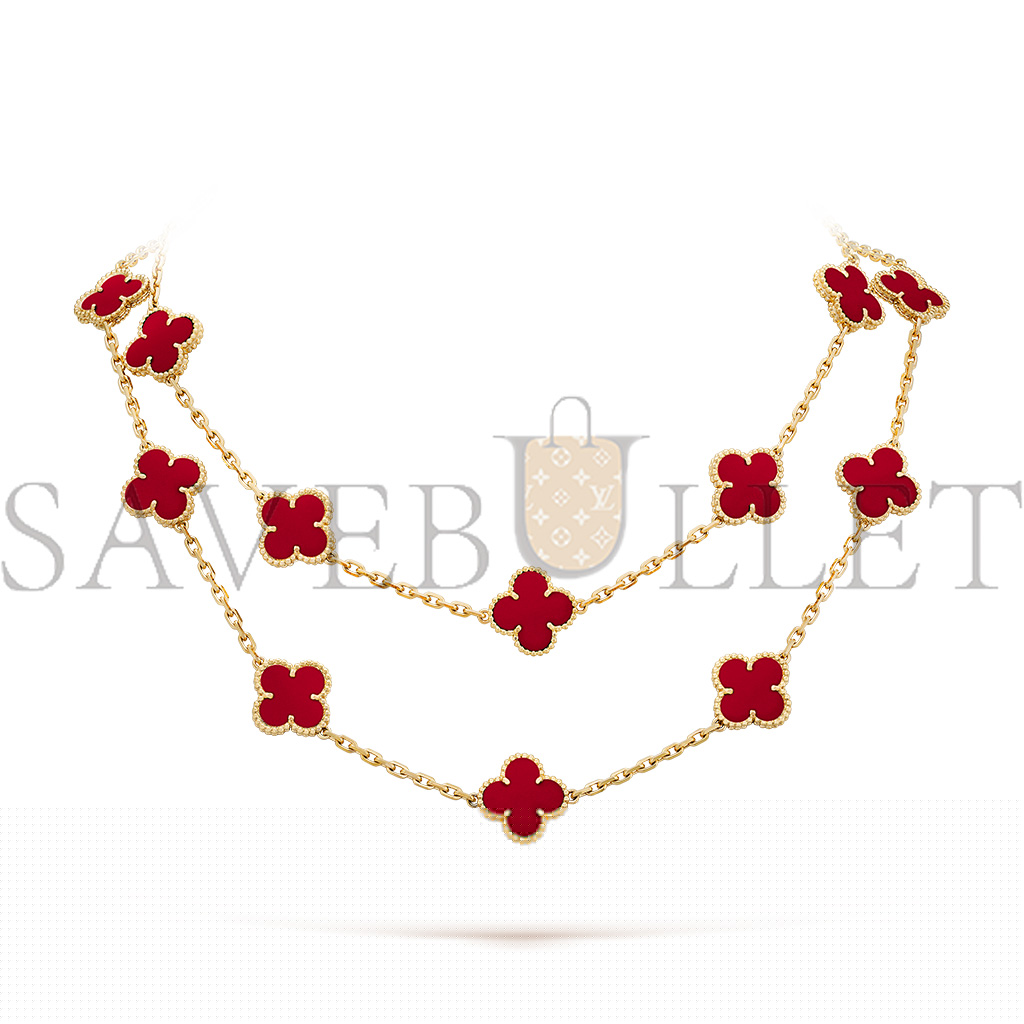 V*N CL*F arpels vintage alhambra long necklace, 20 motifs - yellow gold, carnelian  vcard39800